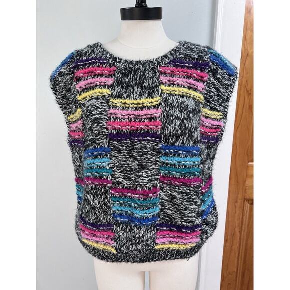 VTG Sweater Vest Hand Knit Gray Mohair Rainbow SZ LG Artsy Indie Grunge - Picture 2 of 6